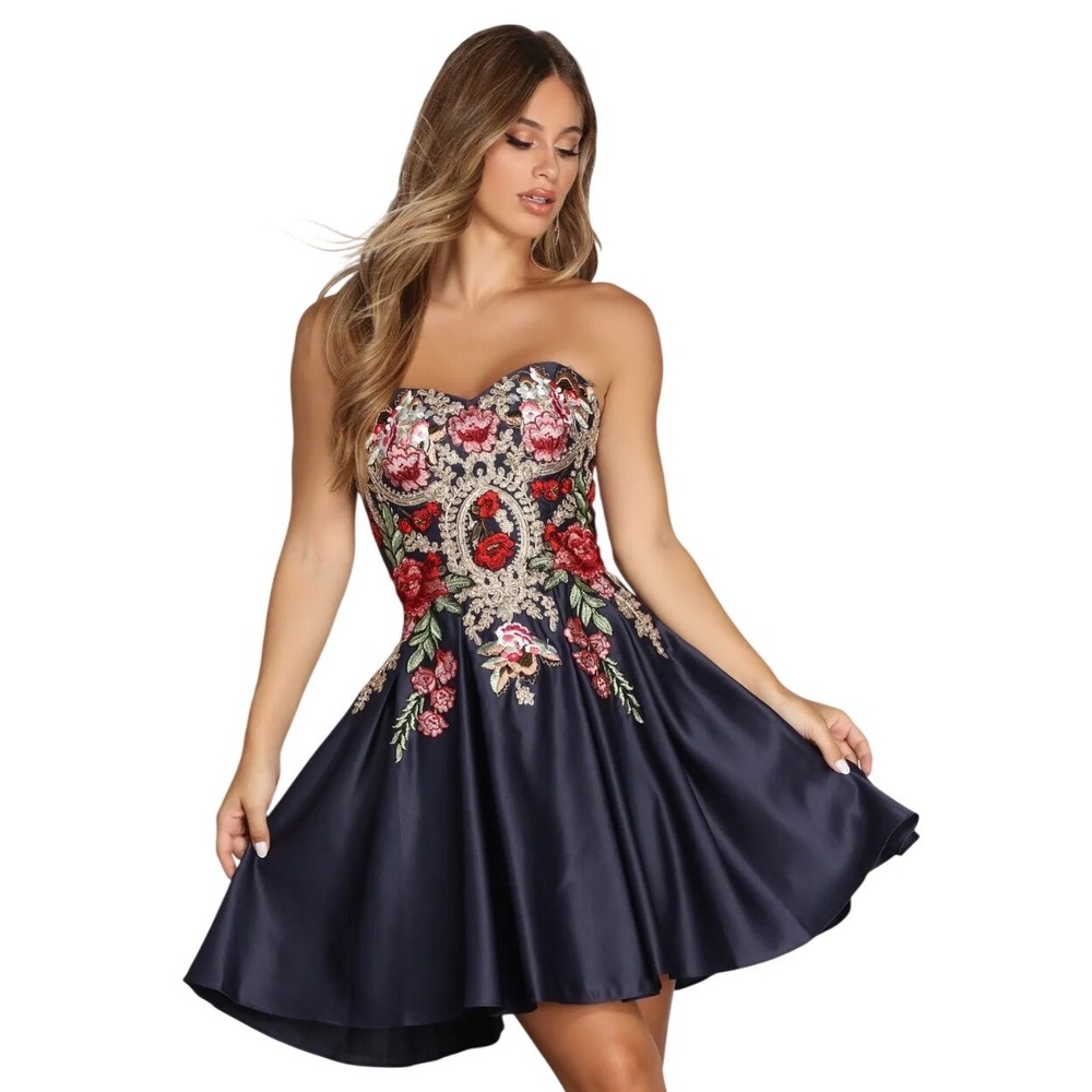 Blondie Nites‎ Navy Strapless Embroidered Satin Dress Corset Back Short